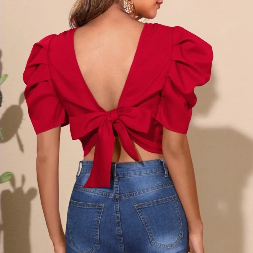 Open Back Tie Puff Sleeve Ruched Classic Top Blouse - Picture 4 of 15